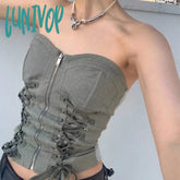 Lunivop Y2K Army Green Corset Tops Women Vintage Streetwear Sexy Bandage Zip Up Tank Aesthetic Crop